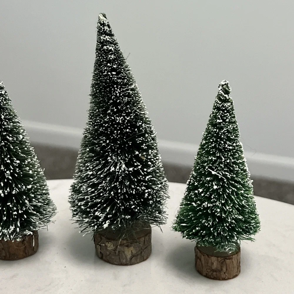 Dept 56 Christmas Village Frosted Flocked Topiary Bottle Brush Trees Lot of 4‎